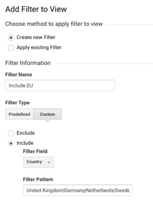 GA admin filter to allow only data from the EU for the EU View.