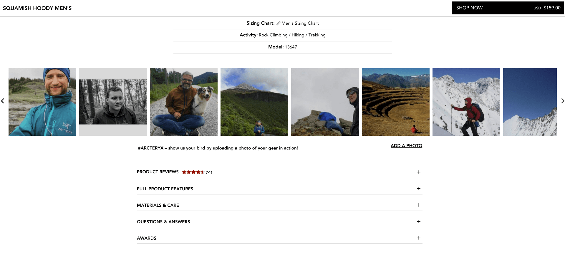 Example of Arc’teryx website