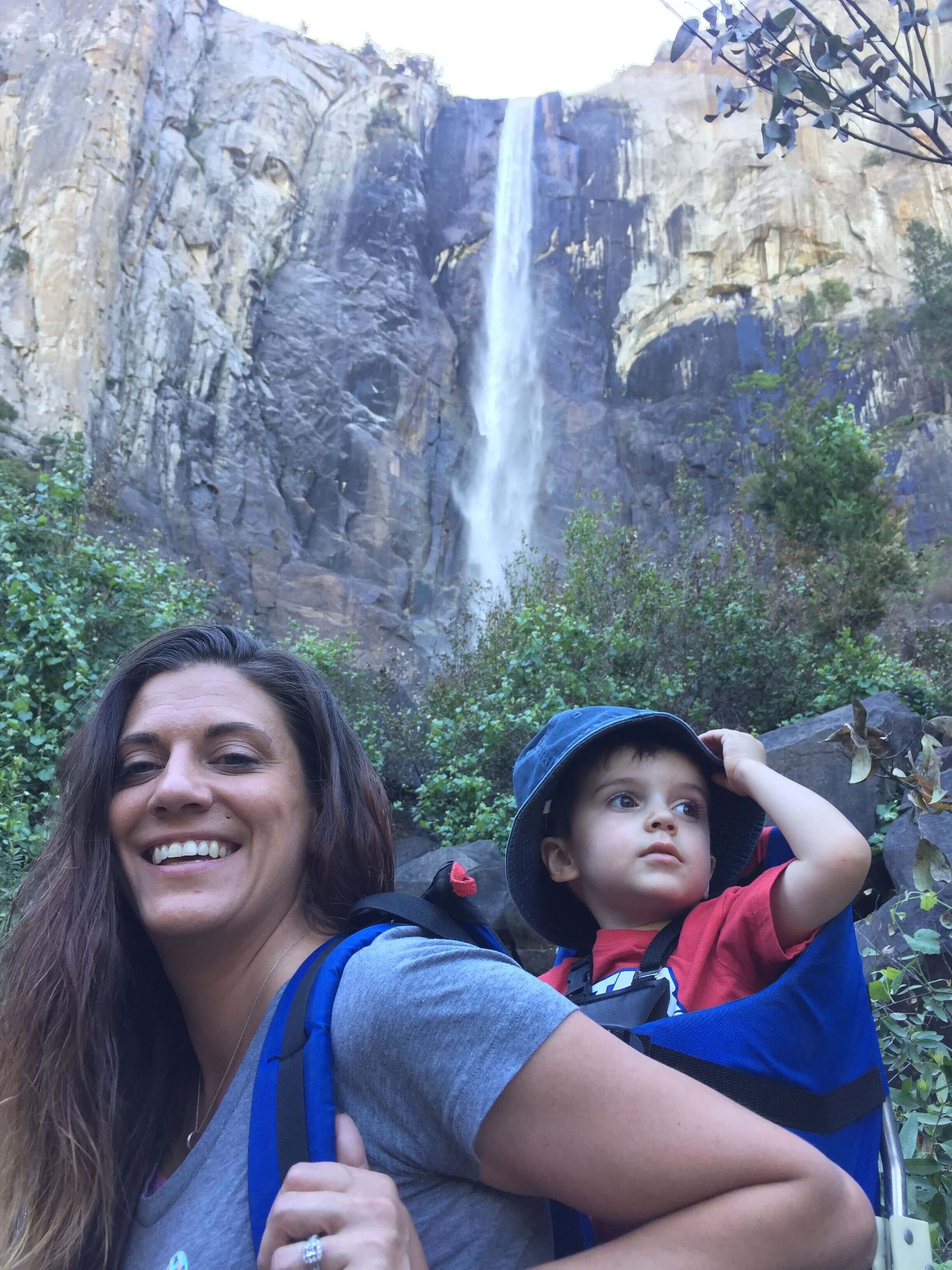Elise on a hike with her son