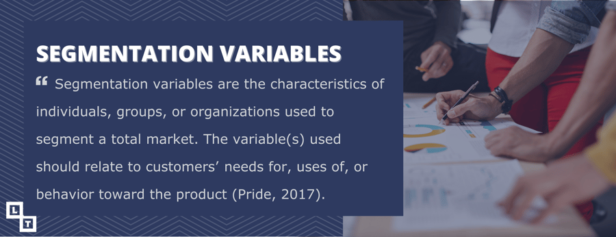 “Segmentation variables are the characteristics of individuals, groups, or organizations used to segment a total market. The variable(s) used should relate to customers’ needs for, uses of, or behavior toward the product” (Pride, 2017).